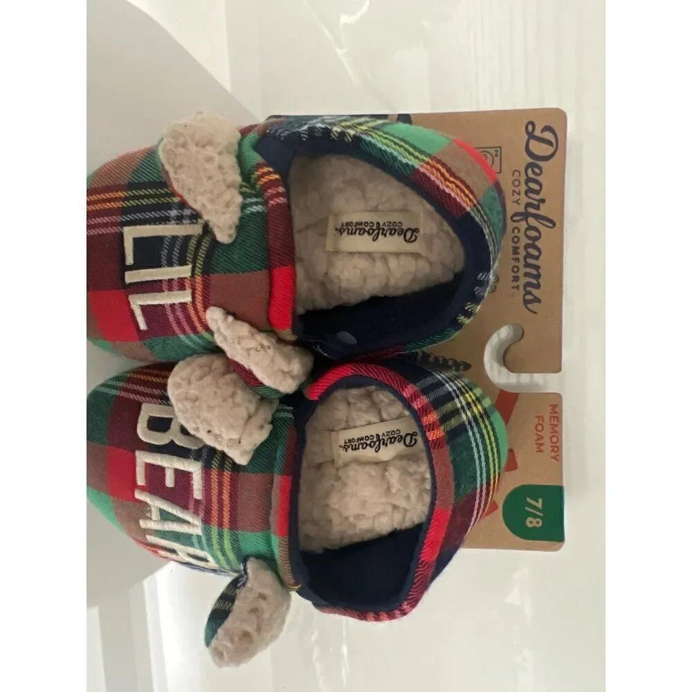Dearfoams Cozy Comfort Lil Bear Plaid Baby Shoes Size 7/8